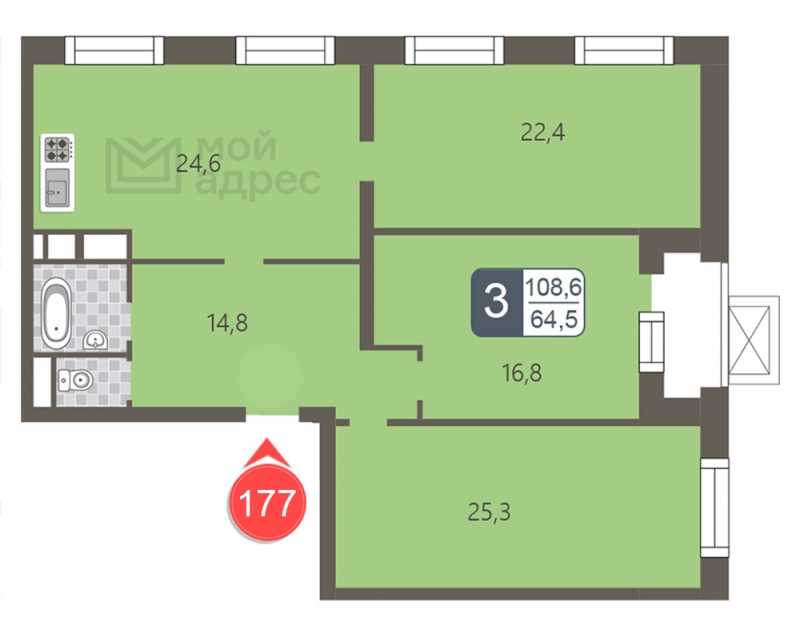 3-комнатная квартира с отделкой в ЖК мой адрес На Береговом на 24 этаже в 1 секции. Дом сдан.