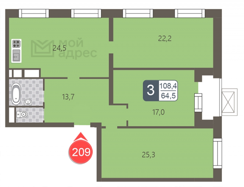 1-комнатная квартира в ЖК Бунинские кварталы на 4 этаже в 5 секции. Сдача в 2 кв. 2026 г.