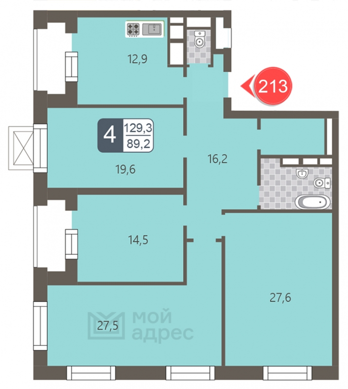 4-комнатная квартира с отделкой в ЖК мой адрес На Береговом на 28 этаже в 1 секции. Дом сдан.