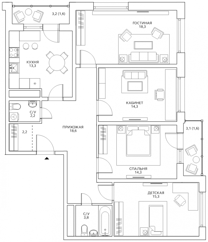 3-комнатная квартира в ЖК Бунинские кварталы на 14 этаже в 1 секции. Сдача в 4 кв. 2024 г.