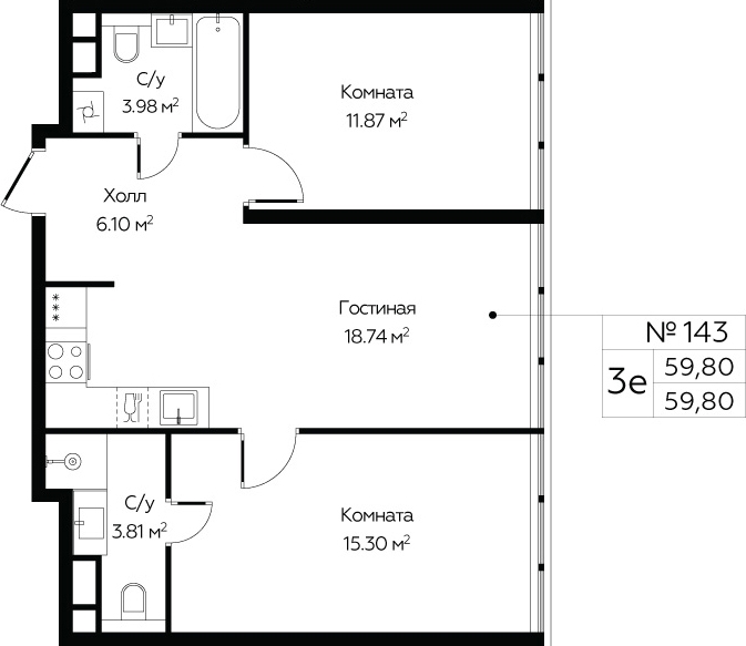 3-комнатная квартира в ЖК Бунинские кварталы на 14 этаже в 7 секции. Сдача в 2 кв. 2026 г.
