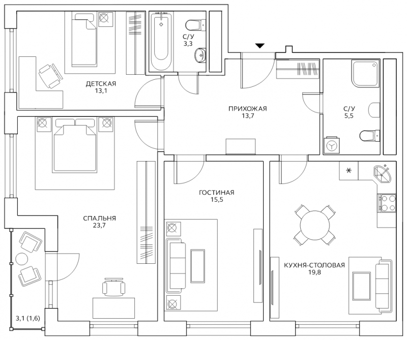 4-комнатная квартира в ЖК Бунинские кварталы на 11 этаже в 1 секции. Сдача в 4 кв. 2024 г.