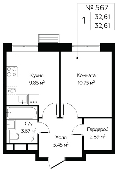 1-комнатная квартира (Студия) в ЖК Бунинские кварталы на 14 этаже в 1 секции. Сдача в 4 кв. 2024 г.