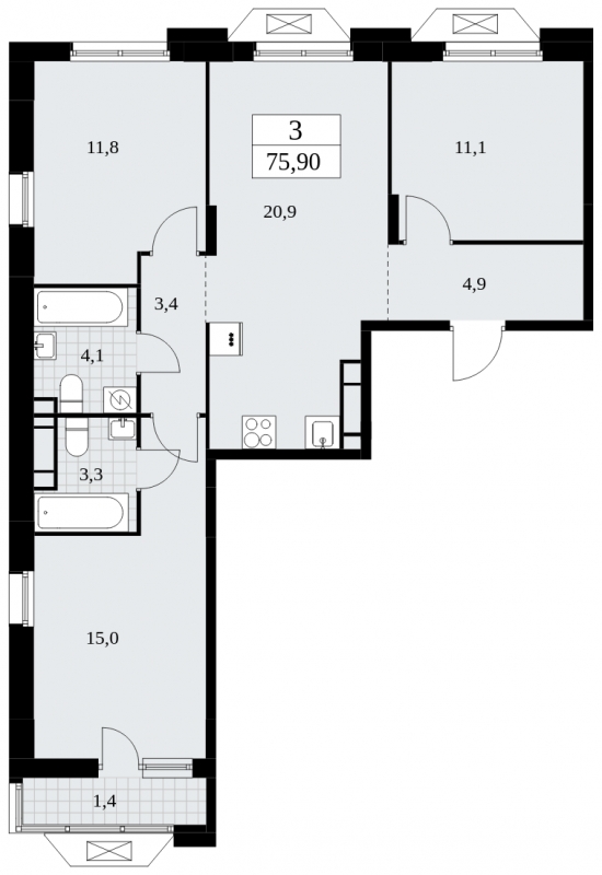 2-комнатная квартира в ЖК Бунинские кварталы на 7 этаже в 1 секции. Сдача в 3 кв. 2025 г.