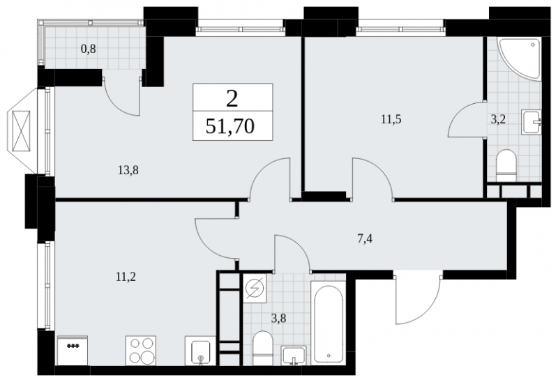 2-комнатная квартира в ЖК Бунинские кварталы на 10 этаже в 1 секции. Сдача в 3 кв. 2025 г.