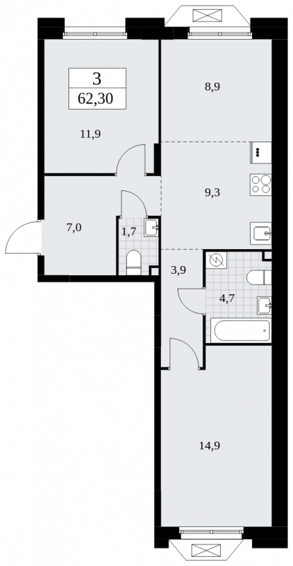 2-комнатная квартира в ЖК Бунинские кварталы на 12 этаже в 1 секции. Сдача в 4 кв. 2024 г.