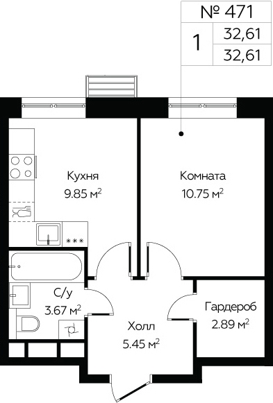 1-комнатная квартира (Студия) с отделкой в ЖК Бунинские кварталы на 9 этаже в 1 секции. Сдача в 1 кв. 2026 г.