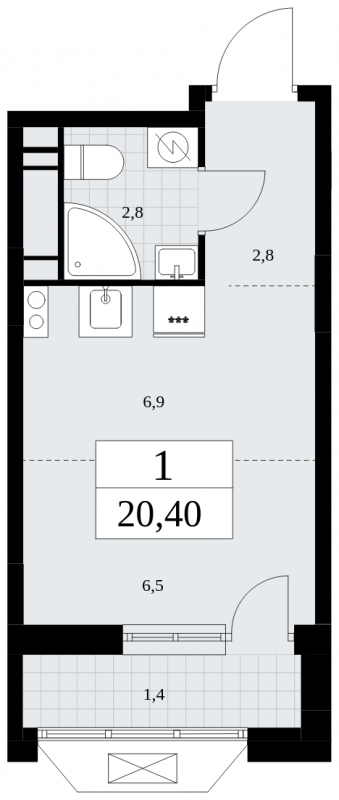 1-комнатная квартира (Студия) в ЖК MOD на 2 этаже в 1 секции. Сдача в 4 кв. 2024 г.