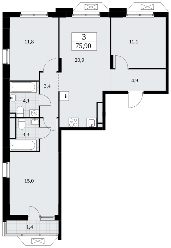 3-комнатная квартира с отделкой в ЖК Бунинские кварталы на 16 этаже в 1 секции. Сдача в 4 кв. 2024 г.