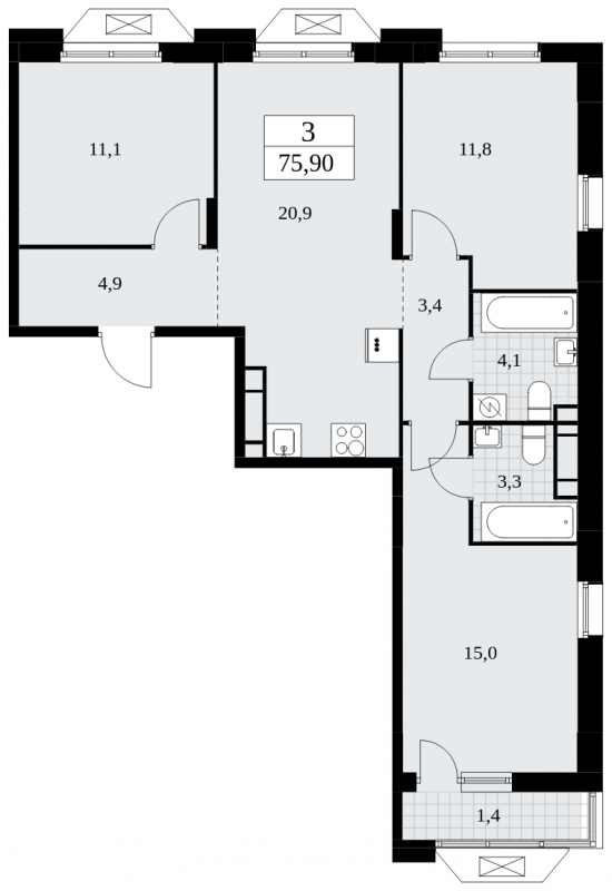 3-комнатная квартира в ЖК Dream Towers на 9 этаже в 1 секции. Дом сдан.