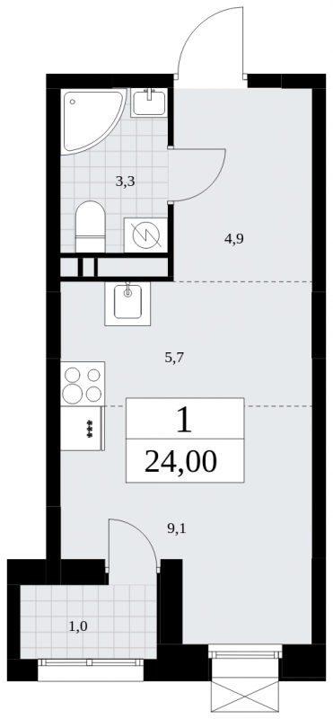 1-комнатная квартира (Студия) с отделкой в ЖК Бунинские кварталы на 14 этаже в 1 секции. Сдача в 4 кв. 2024 г.