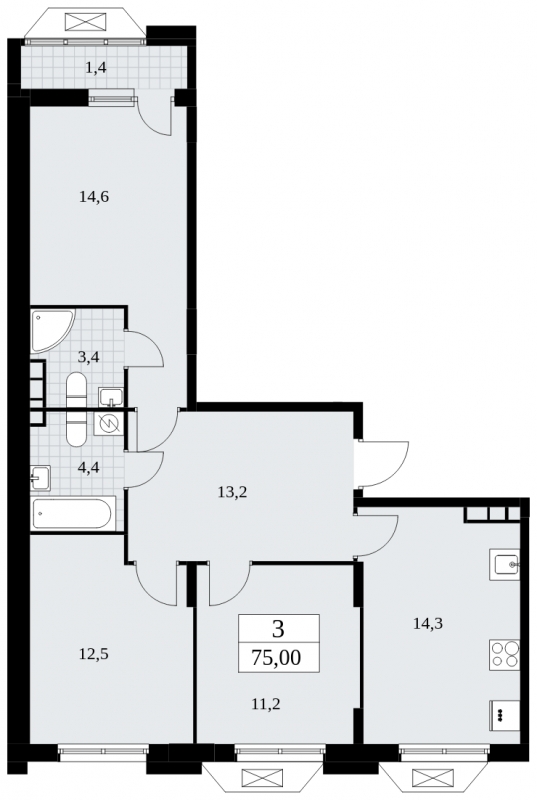 3-комнатная квартира в ЖК Аникеевский на 2 этаже в 6 секции. Сдача в 1 кв. 2024 г.