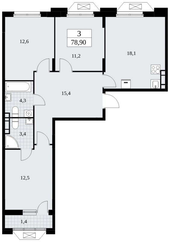 3-комнатная квартира в ЖК Бунинские кварталы на 14 этаже в 6 секции. Сдача в 4 кв. 2024 г.