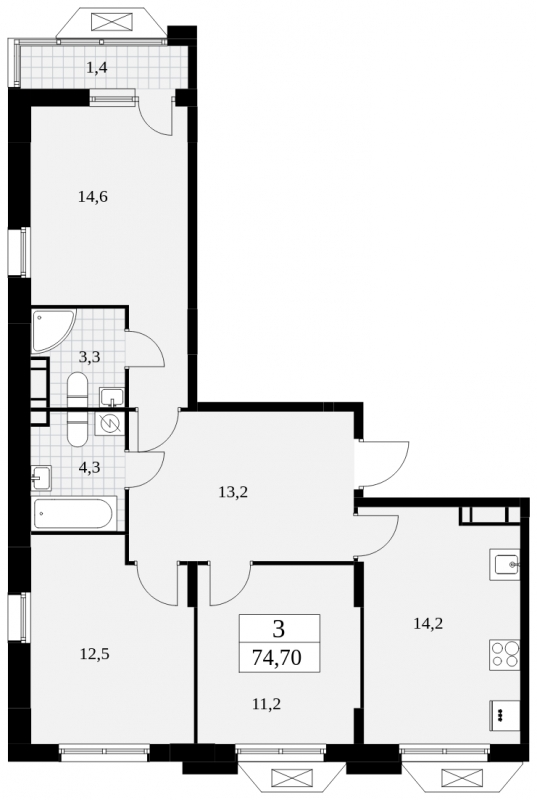 3-комнатная квартира с отделкой в ЖК Зеленая Вертикаль на 12 этаже в 1 секции. Сдача в 1 кв. 2023 г.