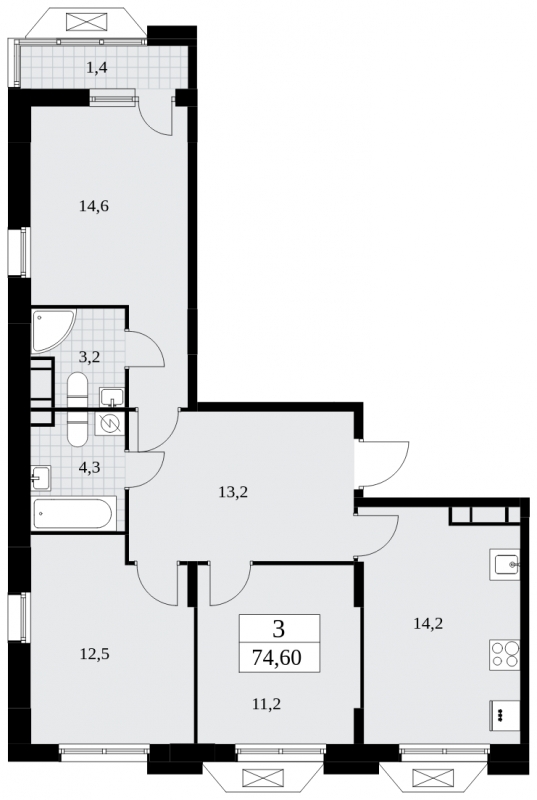 3-комнатная квартира в ЖК Бунинские кварталы на 7 этаже в 1 секции. Сдача в 4 кв. 2024 г.
