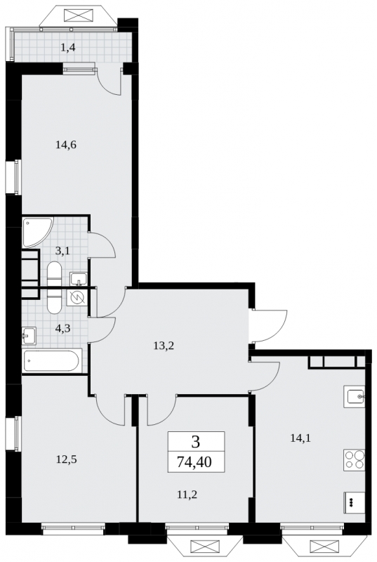 3-комнатная квартира в ЖК Аникеевский на 3 этаже в 2 секции. Сдача в 1 кв. 2024 г.
