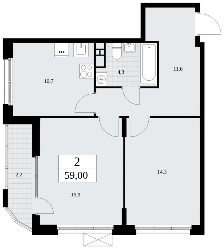 2-комнатная квартира в ЖК Бунинские кварталы на 10 этаже в 1 секции. Сдача в 4 кв. 2024 г.