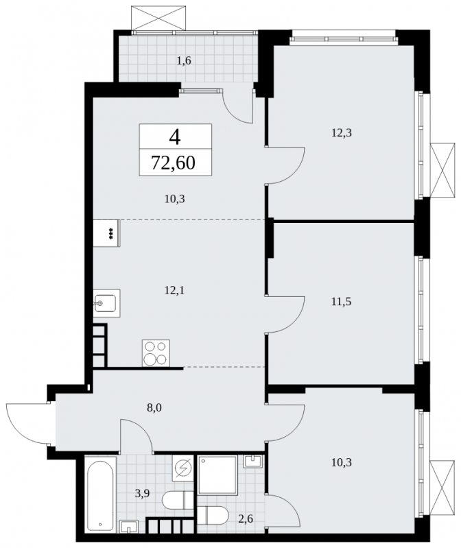 3-комнатная квартира в ЖК Dream Towers на 4 этаже в 3 секции. Дом сдан.