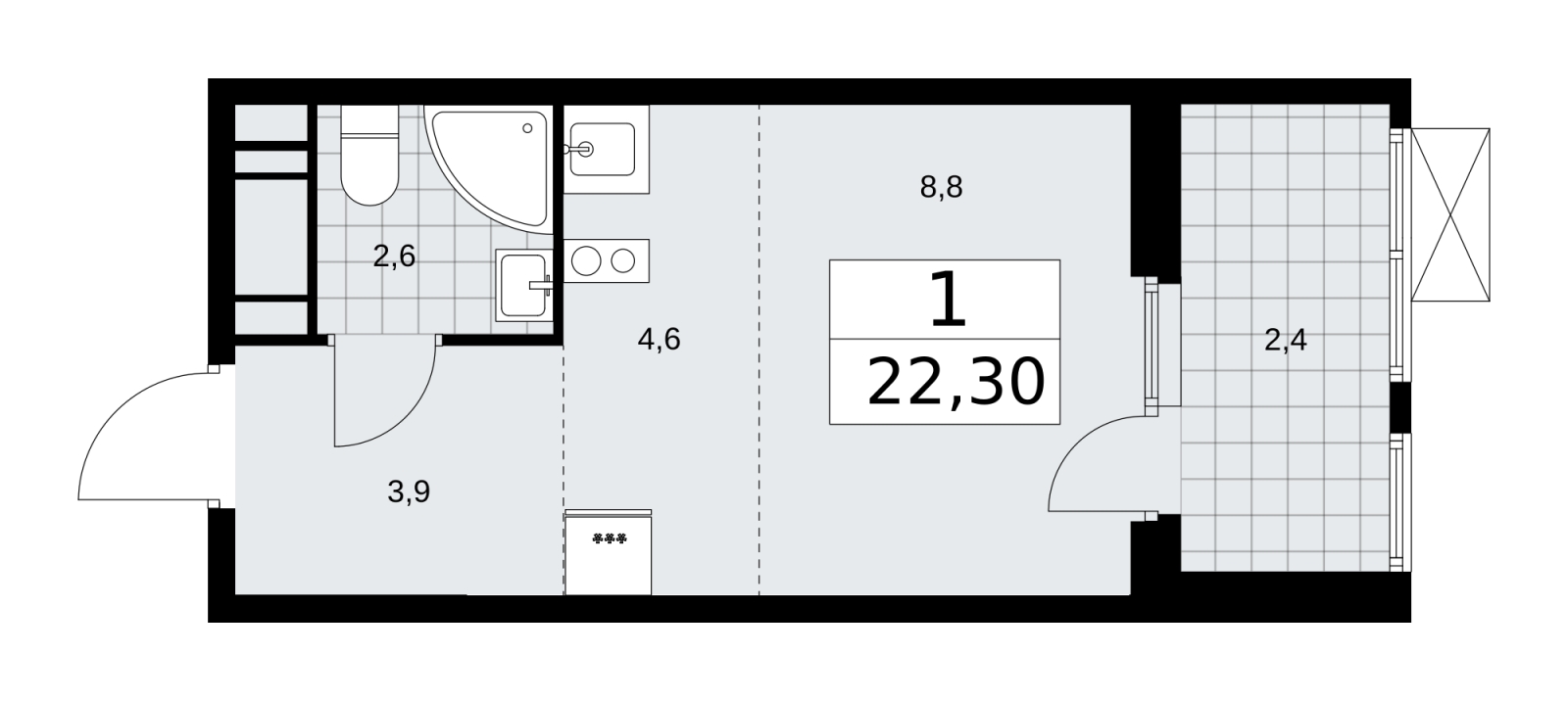 1-комнатная квартира (Студия) в ЖК Ильинойс на 14 этаже в 3 секции. Сдача в 4 кв. 2024 г.