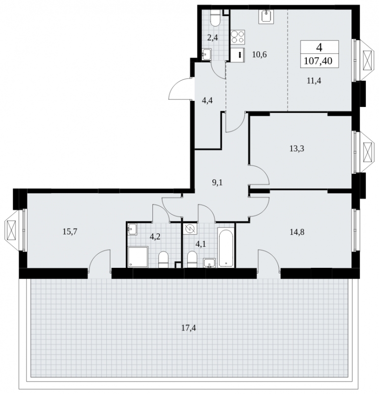 4-комнатная квартира в ЖК Бунинские кварталы на 2 этаже в 7 секции. Сдача в 4 кв. 2024 г.
