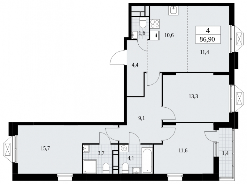4-комнатная квартира в ЖК Бунинские кварталы на 14 этаже в 7 секции. Сдача в 4 кв. 2024 г.