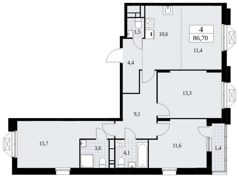 4-комнатная квартира в ЖК Бунинские кварталы на 15 этаже в 7 секции. Сдача в 4 кв. 2024 г.