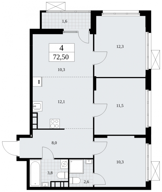4-комнатная квартира в ЖК Бунинские кварталы на 16 этаже в 1 секции. Сдача в 4 кв. 2024 г.