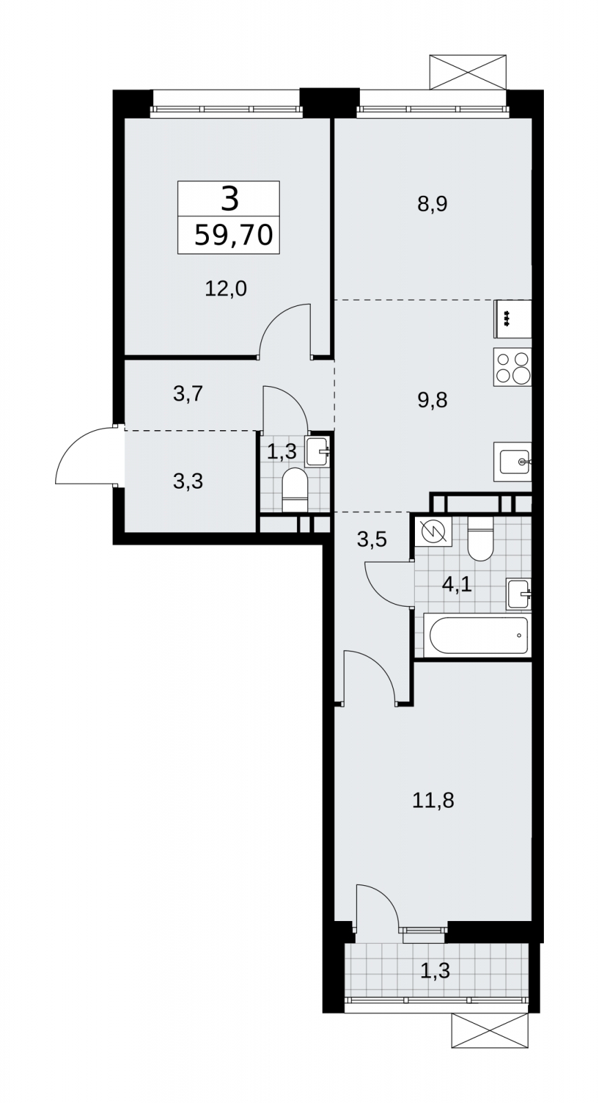 3-комнатная квартира в ЖК Бунинские кварталы на 7 этаже в 1 секции. Сдача в 4 кв. 2024 г.