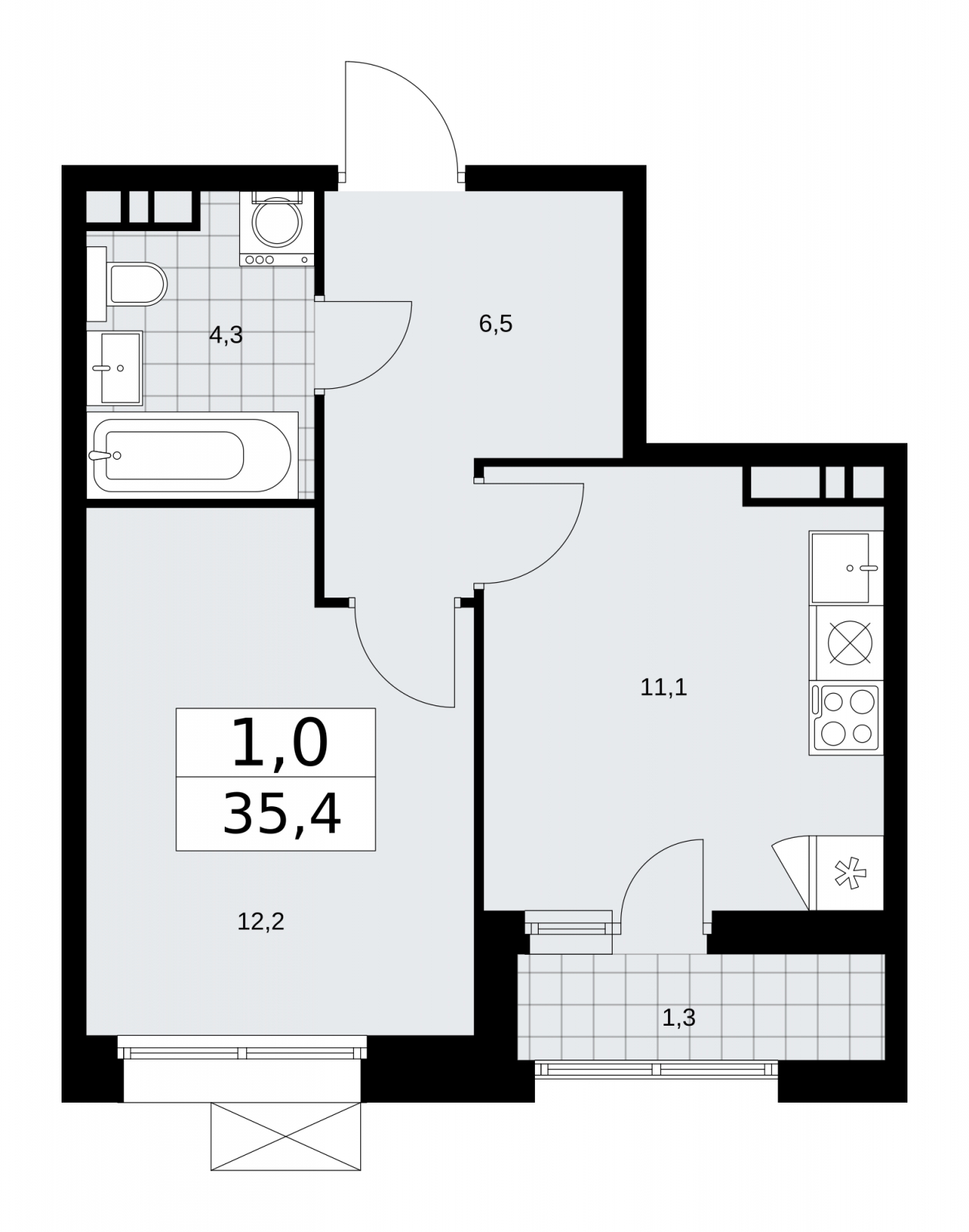 1-комнатная квартира (Студия) в ЖК Бунинские кварталы на 13 этаже в 1 секции. Сдача в 4 кв. 2024 г.