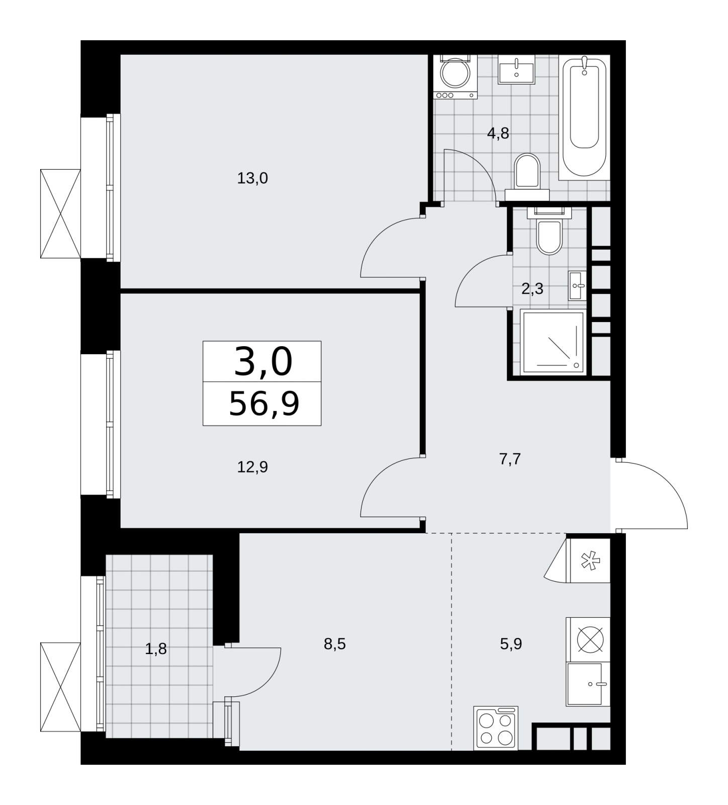 3-комнатная квартира в ЖК Бунинские кварталы на 3 этаже в 1 секции. Сдача в 4 кв. 2025 г.