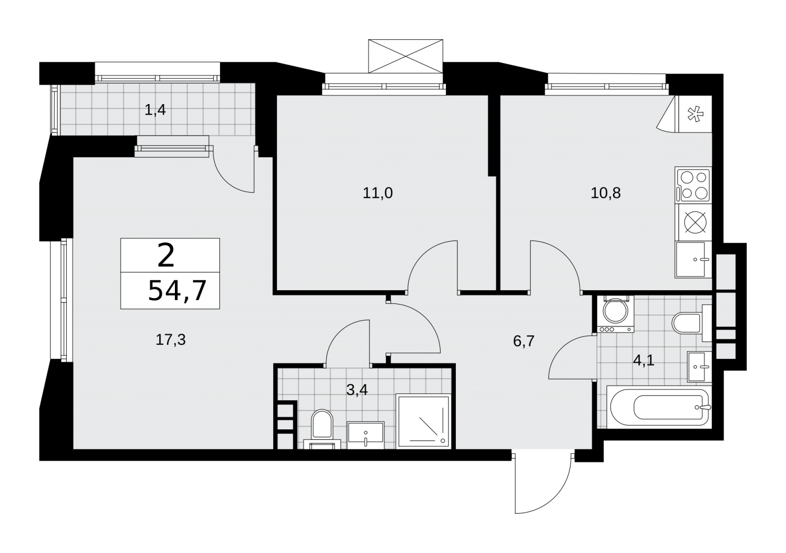 2-комнатная квартира в ЖК Бунинские кварталы на 7 этаже в 1 секции. Сдача в 4 кв. 2025 г.