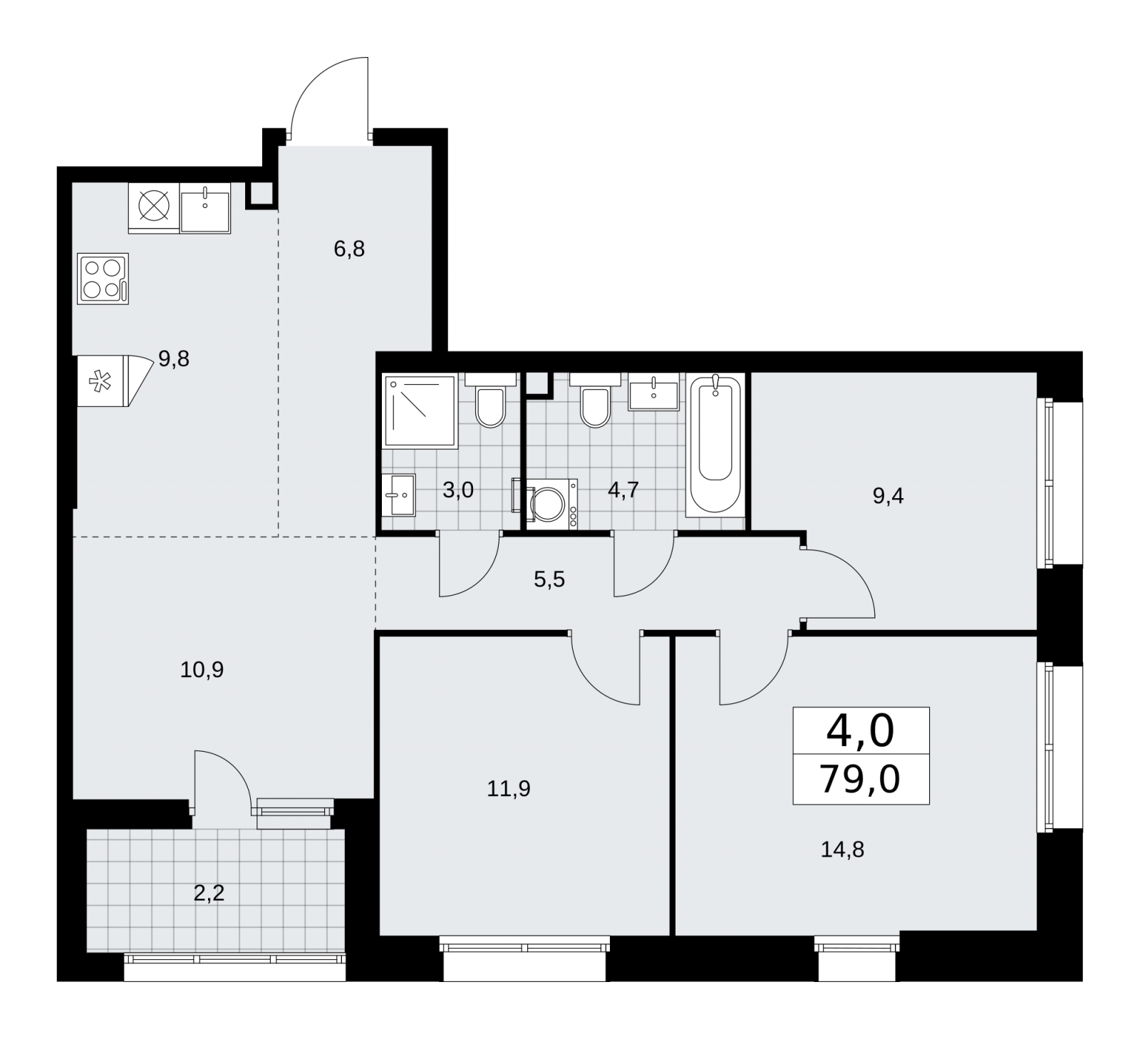 3-комнатная квартира в ЖК Бунинские кварталы на 7 этаже в 1 секции. Сдача в 4 кв. 2025 г.