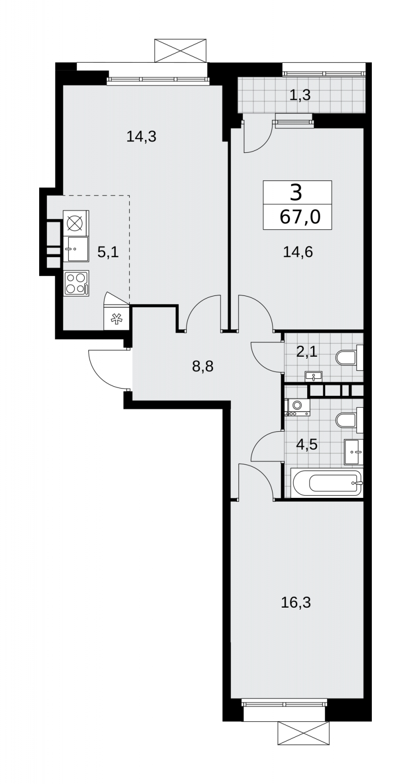 3-комнатная квартира в ЖК Бунинские кварталы на 8 этаже в 1 секции. Сдача в 4 кв. 2025 г.