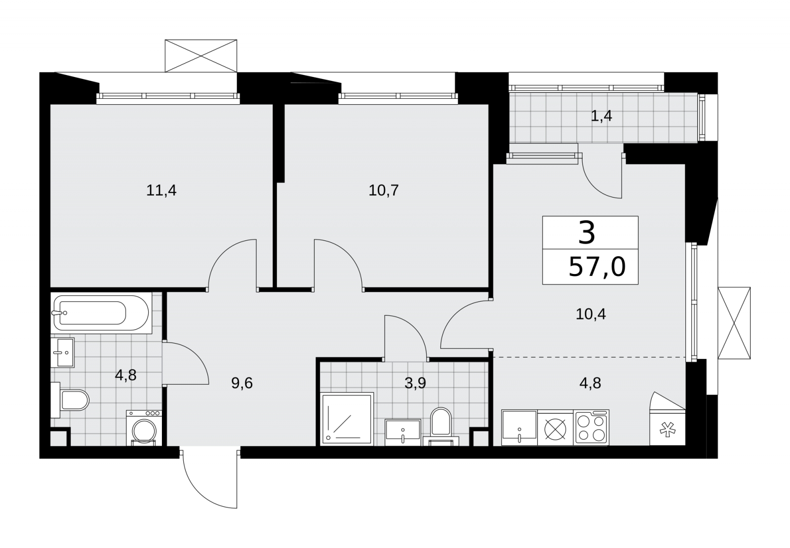 3-комнатная квартира в ЖК Бунинские кварталы на 2 этаже в 2 секции. Сдача в 4 кв. 2025 г.
