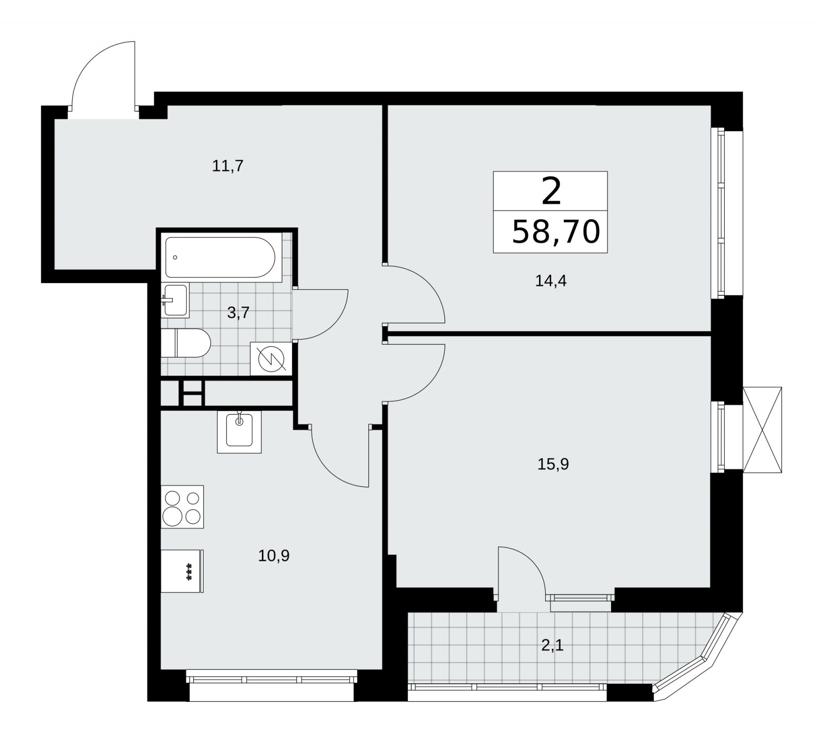 2-комнатная квартира в ЖК Бунинские кварталы на 4 этаже в 2 секции. Сдача в 4 кв. 2025 г.