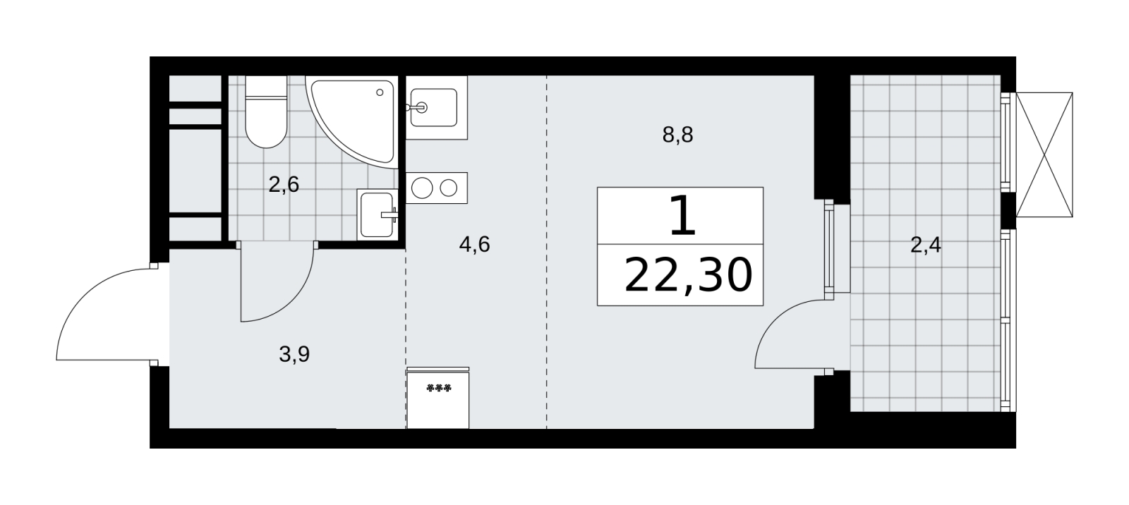 1-комнатная квартира (Студия) в ЖК Бунинские кварталы на 4 этаже в 1 секции. Сдача в 4 кв. 2024 г.