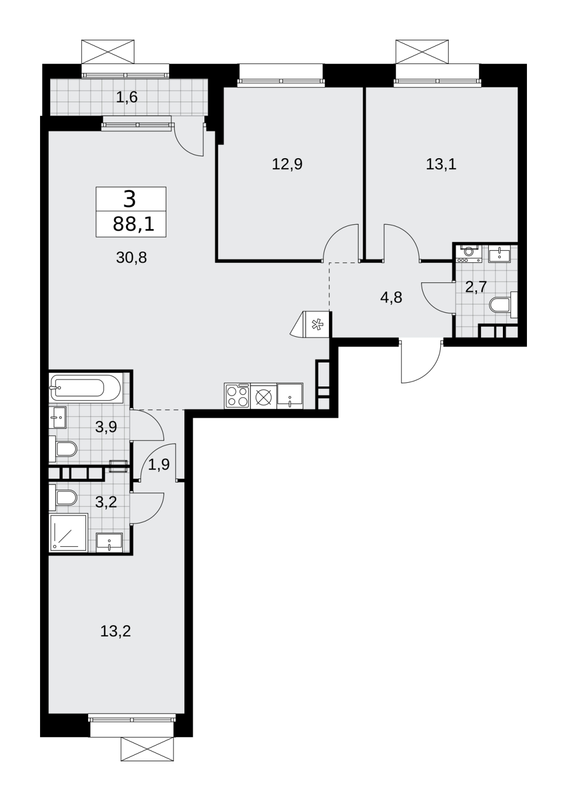 3-комнатная квартира в ЖК Бунинские кварталы на 6 этаже в 2 секции. Сдача в 4 кв. 2025 г.