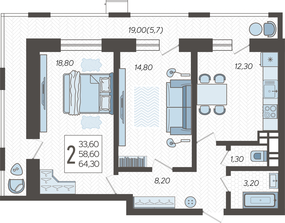 4-комнатная квартира в ЖК Бунинские кварталы на 6 этаже в 1 секции. Сдача в 3 кв. 2025 г.