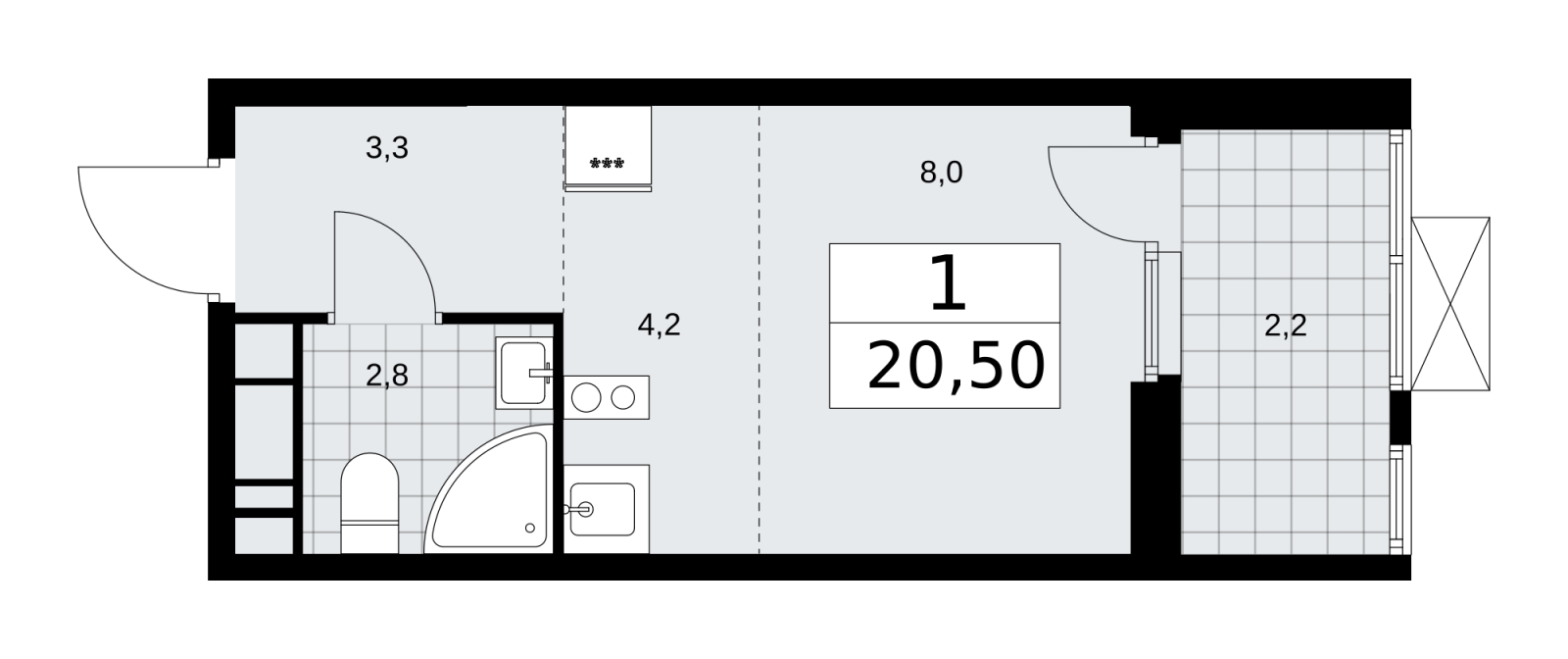 1-комнатная квартира (Студия) с отделкой в ЖК Бунинские кварталы на 11 этаже в 1 секции. Сдача в 4 кв. 2025 г.