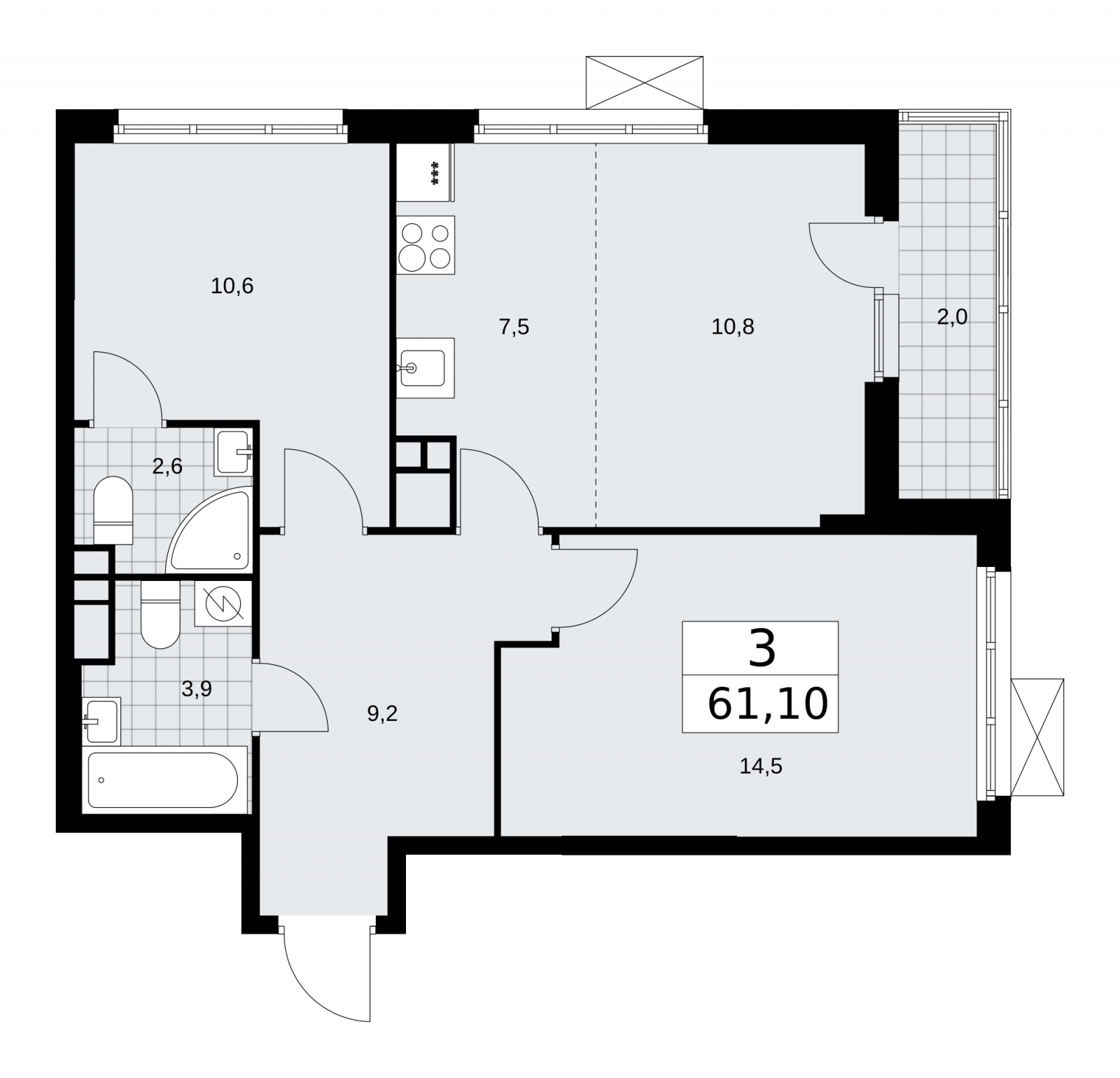 3-комнатная квартира в ЖК Бунинские кварталы на 14 этаже в 1 секции. Сдача в 3 кв. 2025 г.