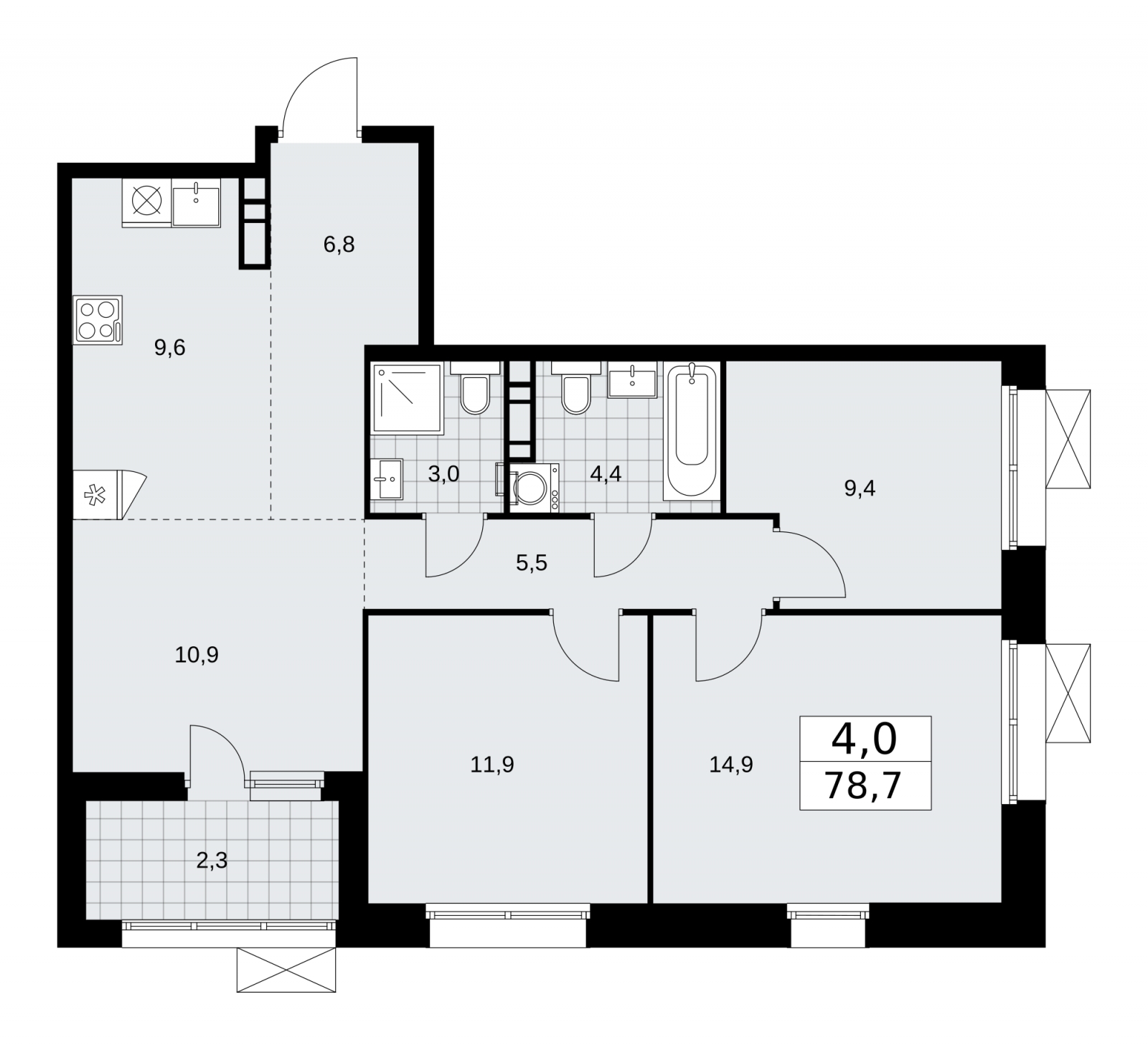 3-комнатная квартира в ЖК Бунинские кварталы на 14 этаже в 1 секции. Сдача в 4 кв. 2024 г.
