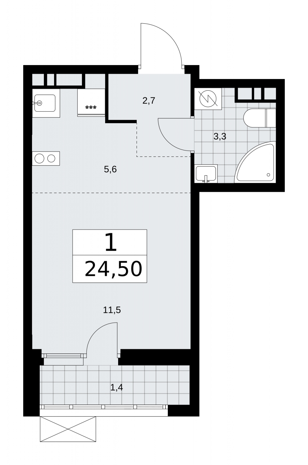1-комнатная квартира (Студия) в ЖК Бунинские кварталы на 6 этаже в 2 секции. Сдача в 4 кв. 2024 г.