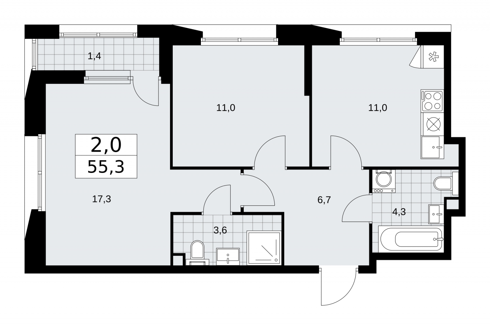 1-комнатная квартира в ЖК Бунинские кварталы на 2 этаже в 2 секции. Сдача в 4 кв. 2025 г.