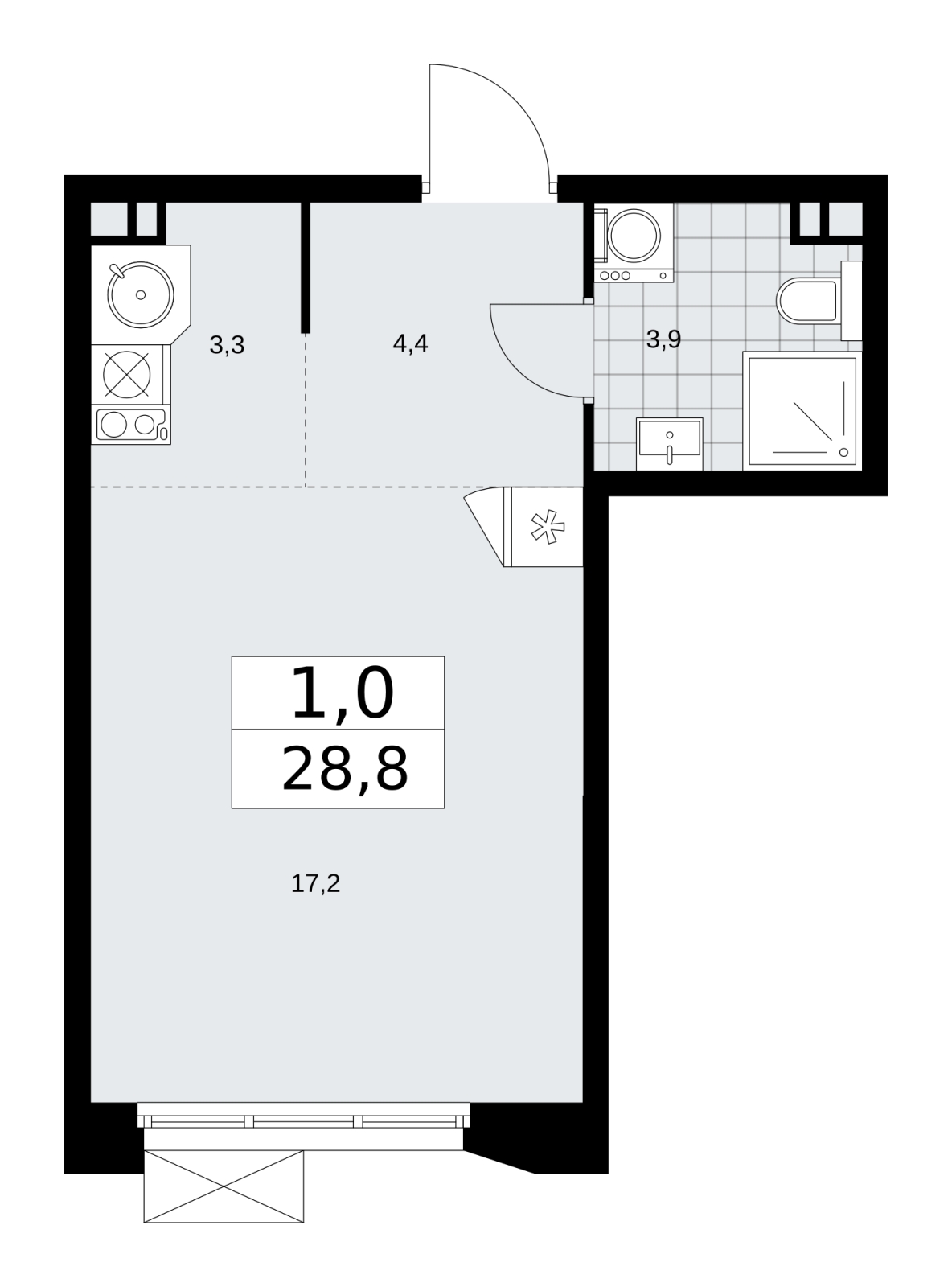 1-комнатная квартира (Студия) в ЖК Бунинские кварталы на 9 этаже в 2 секции. Сдача в 4 кв. 2024 г.