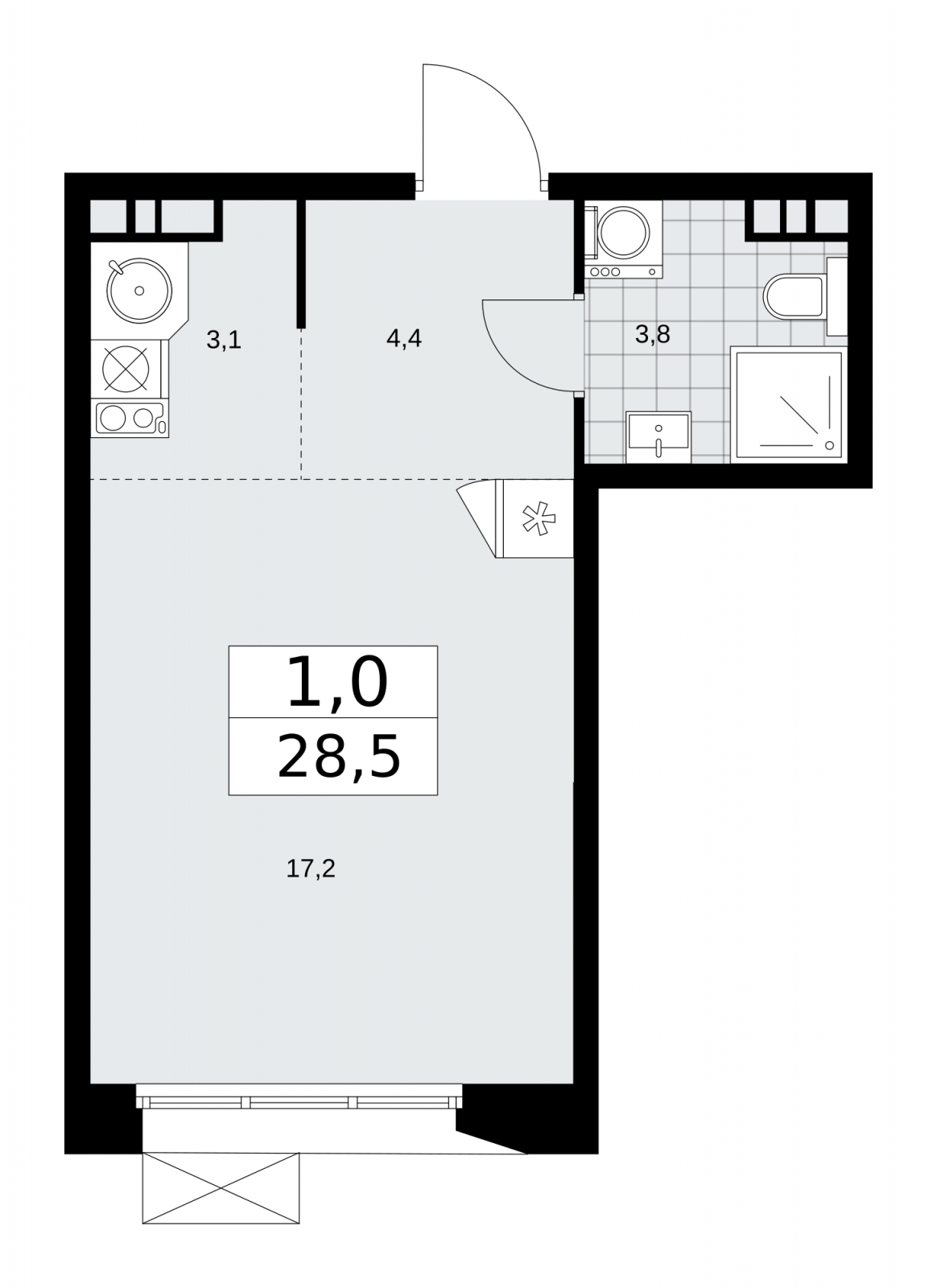1-комнатная квартира (Студия) в ЖК Бунинские кварталы на 9 этаже в 4 секции. Сдача в 4 кв. 2024 г.