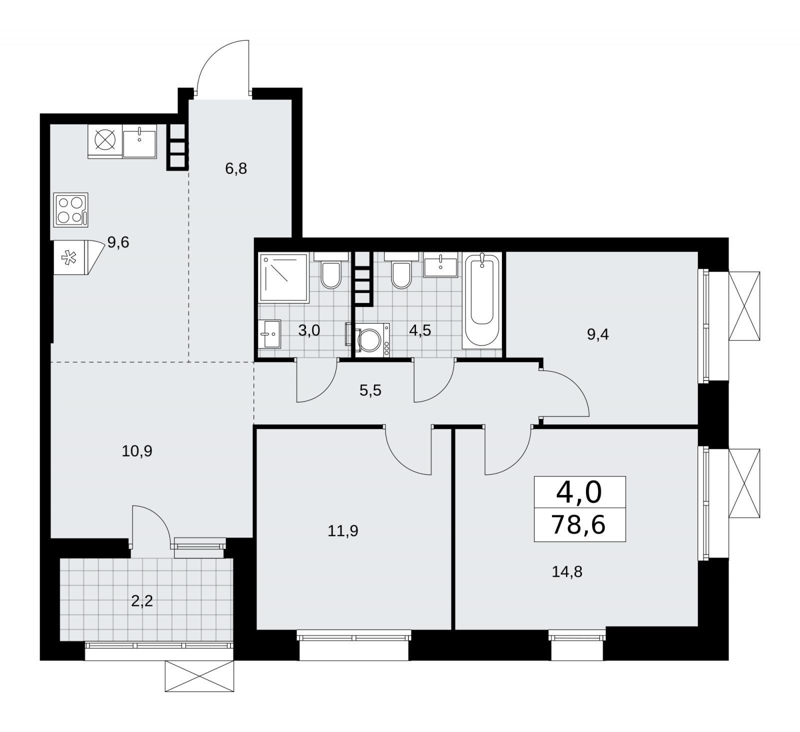4-комнатная квартира с отделкой в ЖК Бунинские кварталы на 4 этаже в 1 секции. Сдача в 1 кв. 2026 г.