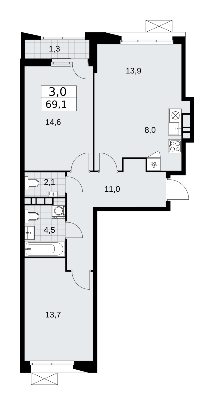 4-комнатная квартира в ЖК Бунинские кварталы на 10 этаже в 1 секции. Сдача в 4 кв. 2025 г.