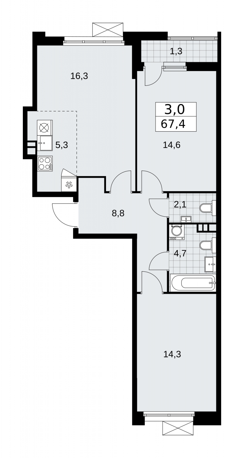 3-комнатная квартира с отделкой в ЖК Бунинские кварталы на 3 этаже в 1 секции. Сдача в 1 кв. 2026 г.