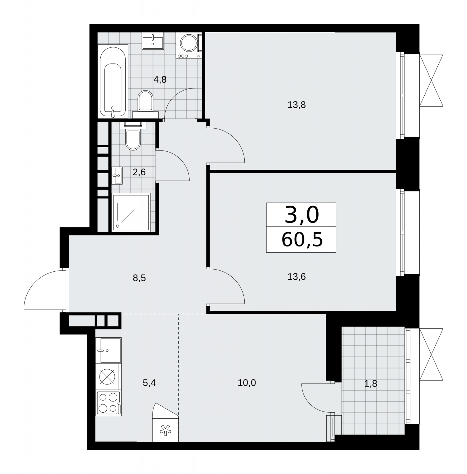 3-комнатная квартира с отделкой в ЖК West Garden на 8 этаже в 1 секции. Сдача в 2 кв. 2023 г.