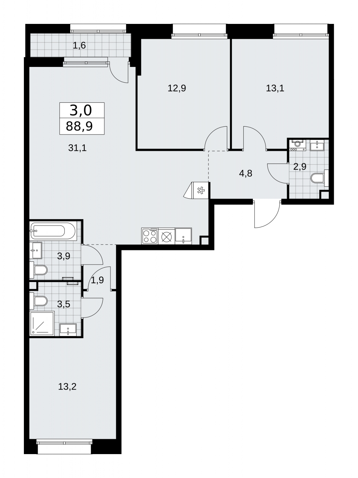 3-комнатная квартира в ЖК Бунинские кварталы на 8 этаже в 1 секции. Сдача в 4 кв. 2025 г.
